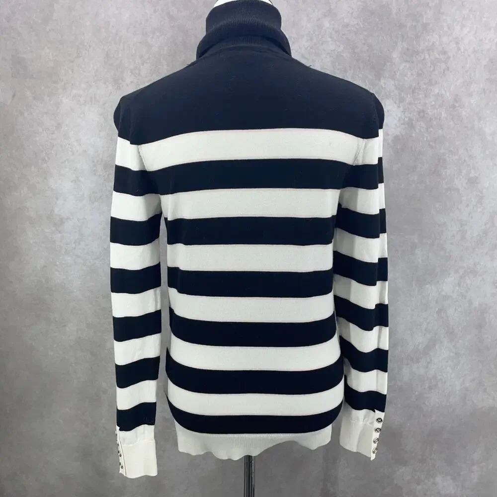 Tommy Hilfiger Women M Stripe Turtleneck Sweater Black White Classic READ Preppy